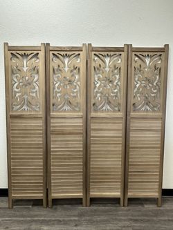🌿 Rustic Carved Wood 4-Panel Room Divider | 67” Tall