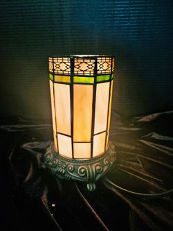 Tiffany Style Stained Glass Cylinder Boudoir Lamp Green Geometric Pattern 8"