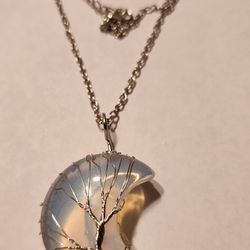 Tree of Life Wire Wrapped Natural Healing Crystal Necklace Birthstone Cresent June Moonstone