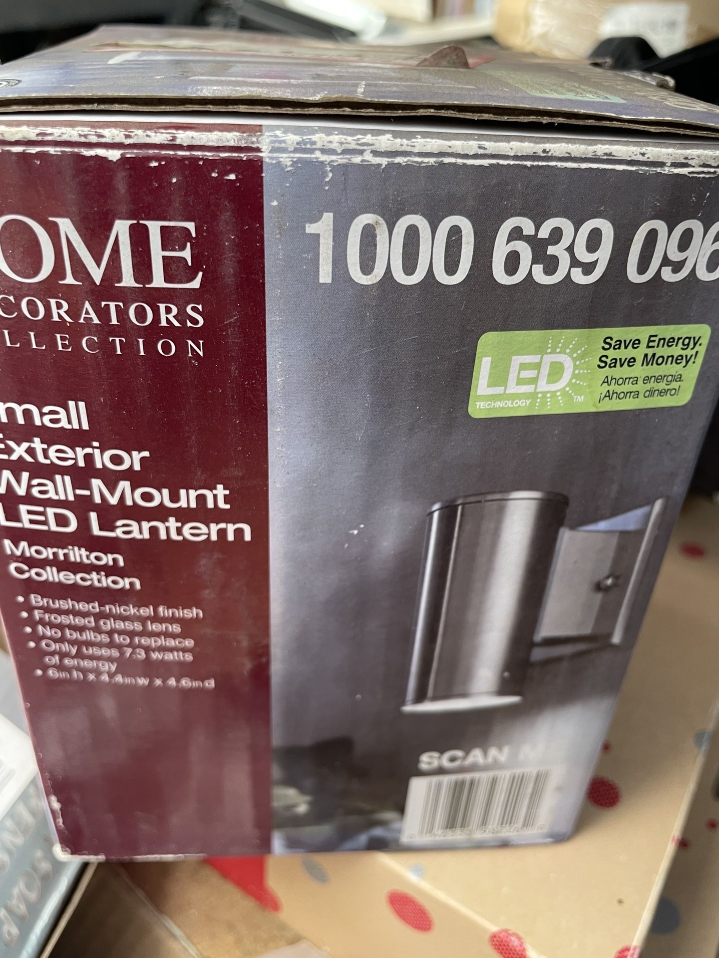 Home decorators collection small exterior wall mount LED lantern brushed nickel finish frosted glass lens no bulb to replace only use the 7.3 watts