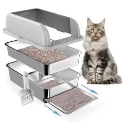 23.6"x15.7"x6" Enclosed Stainless Steel Litter Box with Lid, XL Sifting Litter Box for Pine Pellets with Removable Drawer Pan for Easy Cleaning, High 