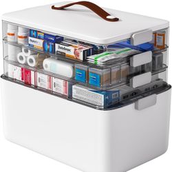 funest 4-Tier Medicine Storage Box, Large Empty First Aid Kit Box with Handle, Portable Medical Supply Organizer With Complimentary Pill Organizer 