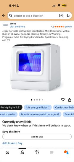 ecozy Portable Dishwasher Countertop, Mini Dishwasher with a Built-in 5L Water Tank, No Hookup Neede