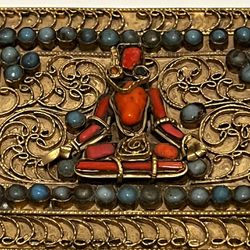 Antique Tibetan Gilded Box with Inlaid Ornate Turquoise & Coral Buddha on Lid 