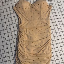 Nude Rhinestone Bodycon Dress Ruched Mesh Party Club Dress Size M