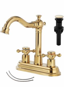 Bathroom Faucet Polished Gold 2 Handles 4 Inches Centerset Vanity with Drain Assembly and Supply Hose Lavatory Faucet Mixer Double Handle Tap