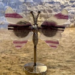 Brand New Small Purple and Clear Fluorite Crystal Butterfly on Metal Stand Decoration