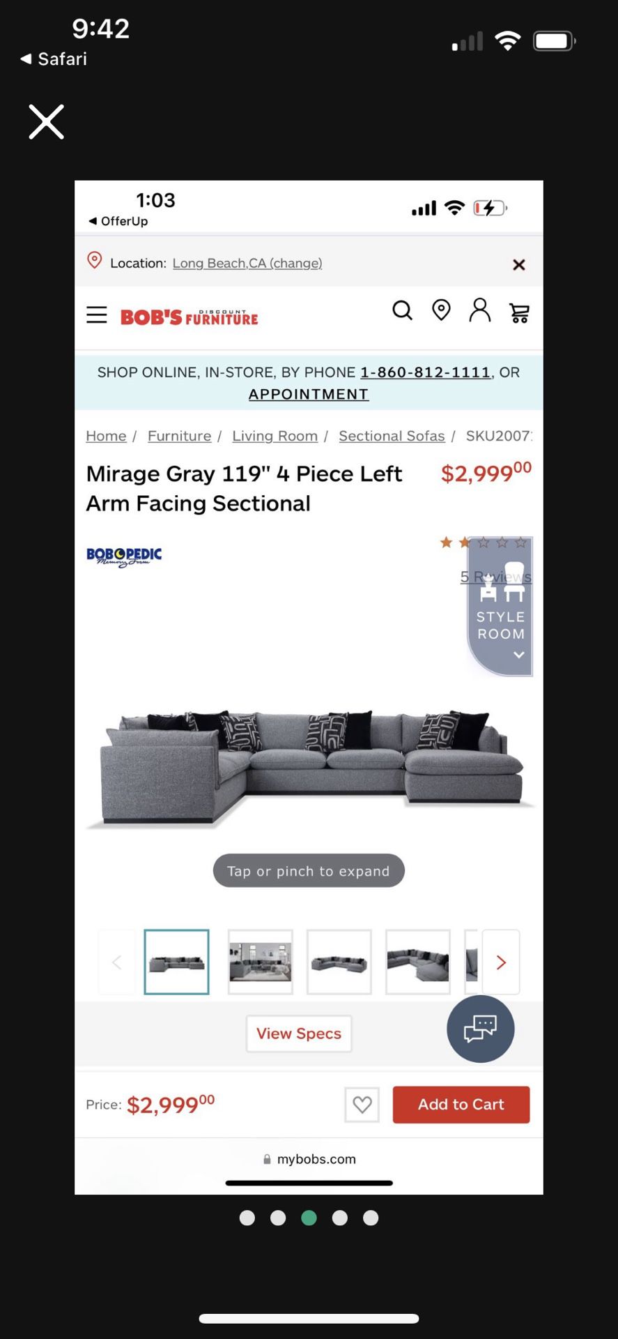 Mirage Gray 119" 4 Piece Sectional