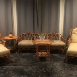 Vintage MCM Boho Coastal High End McGuire San Francisco Organic Modern Rattan & Leather 7 Piece Set