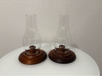 Pair Vintage Wood Candle Holders with Glass Hurricanes