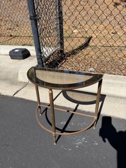 Vintage Hollywood Regency Maison Jansen Style Half-Circle Brass & Bronze Glass Accent Table