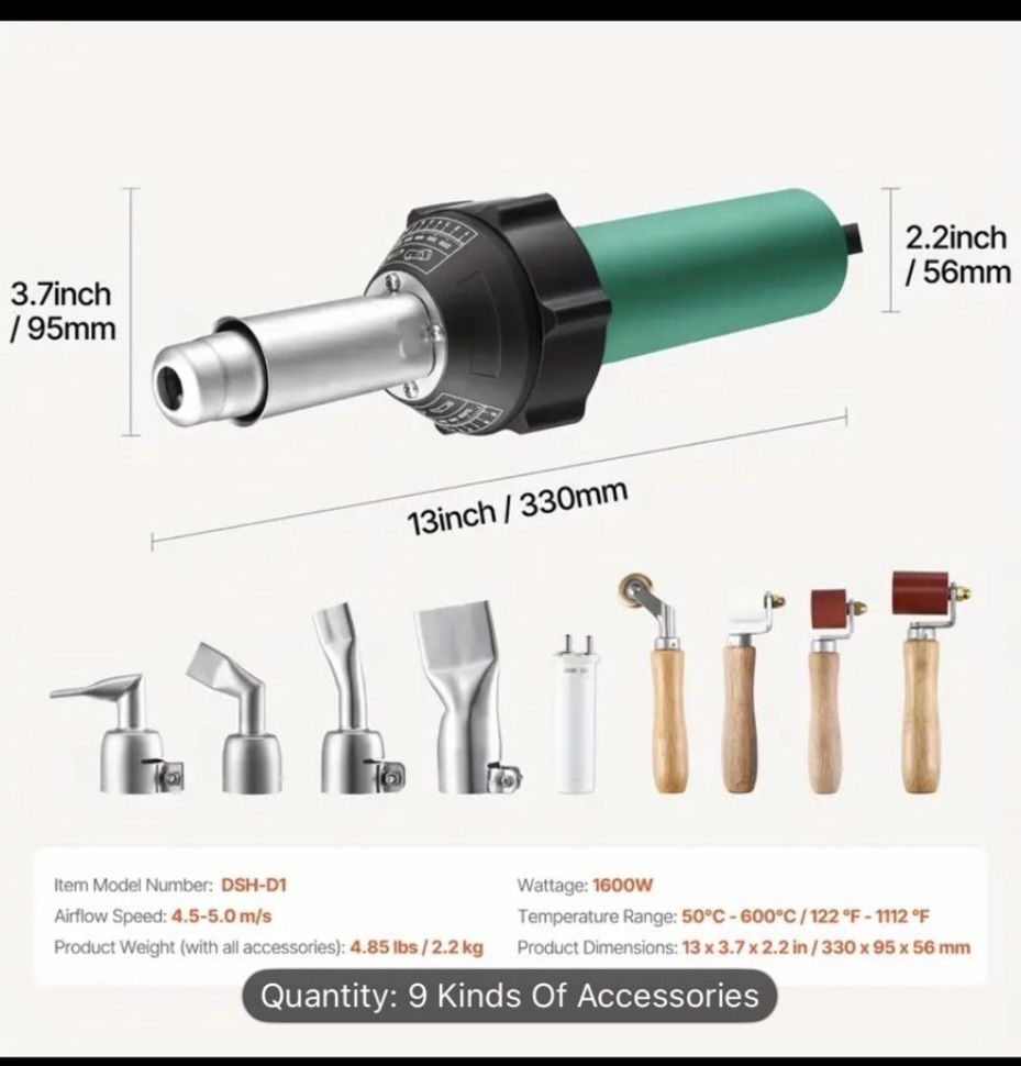 Hot Air Plastic Welder, 1600W Hot Air Torch Pistol, PVC TPO Vinyl Heat Gun Welding Torch 2&4 Nozzles & 1&4 Seam Roller for PP/PE/PVC Sheet, new $250 
