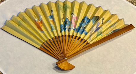 Vintage Two Sided Chinese Folding Fan Hand Painting and Calligraphy Bamboo Frame Decorative or Cooling Fan