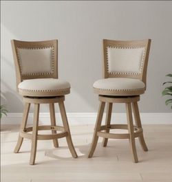 ​Set of 2 Swivel Counter-Height Bar Stools – Light Oak & Oatmeal Linen