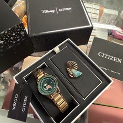 Citizen Eco-Drive Ladies' Special Edition Disney Princess Ariel "Making Waves my Way" Faceted Crystal Watch and Pin Gift Set, Gold Stainless Steel Wat