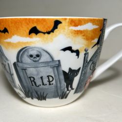 Halloween Portobello Fine Porcelain Large Vintage Coffee Mug Haunted House Bats Ghosts Tombstones 