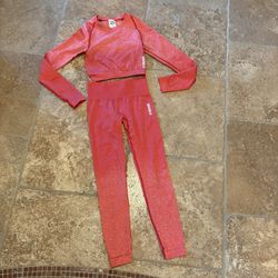 GYMSHARK Women Red Pink Long Sleeve Crop Top and Leggings Set Size XS-Some Flaws