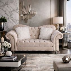 Luxury Classic America Sofa Chesterfield Tufted Camel Back Loveseat in Beige