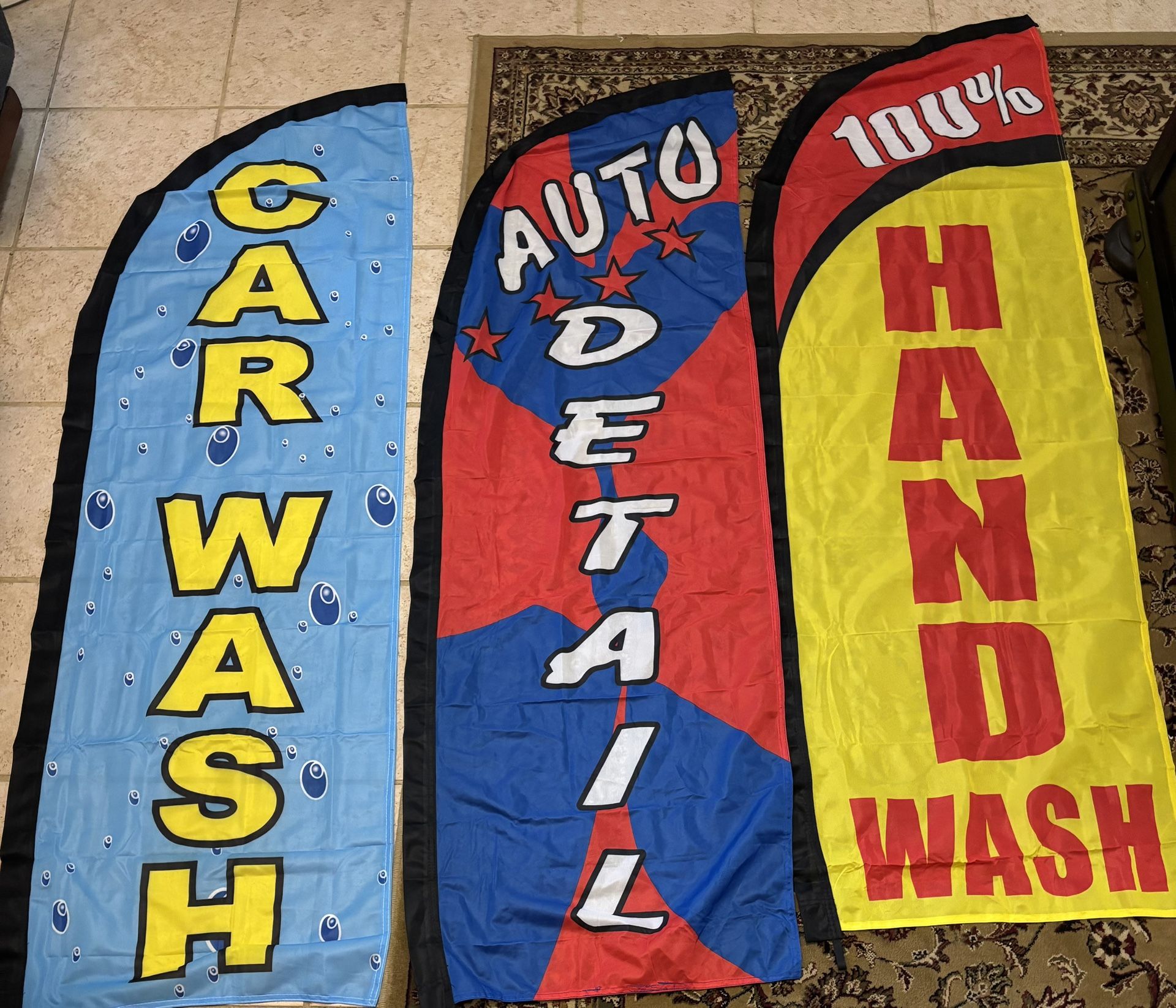 Car Wash Auto Detail 100% Hand Wash Package of 3 Advertising Feather Banner Swooper Flag Kits with Ground Spikes