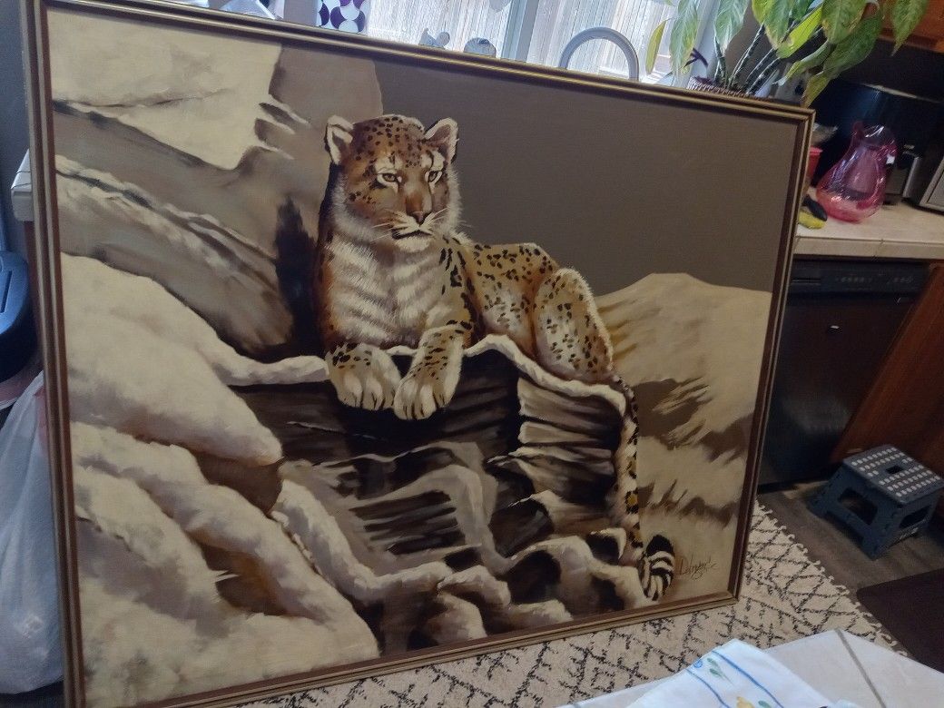Large Vintage Mcm Snow Leopard Painting