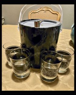 Vintage Faux Marble Cocktail Glassss and matching Ice Bucket.
