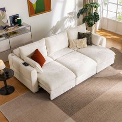 104'' White Velvet Power Recliner Luxe Relaxation Sofa Electric Extendable Sofa Bed with Triple Motor, Convertible Smart Power Reclining Sleeper Sofa 