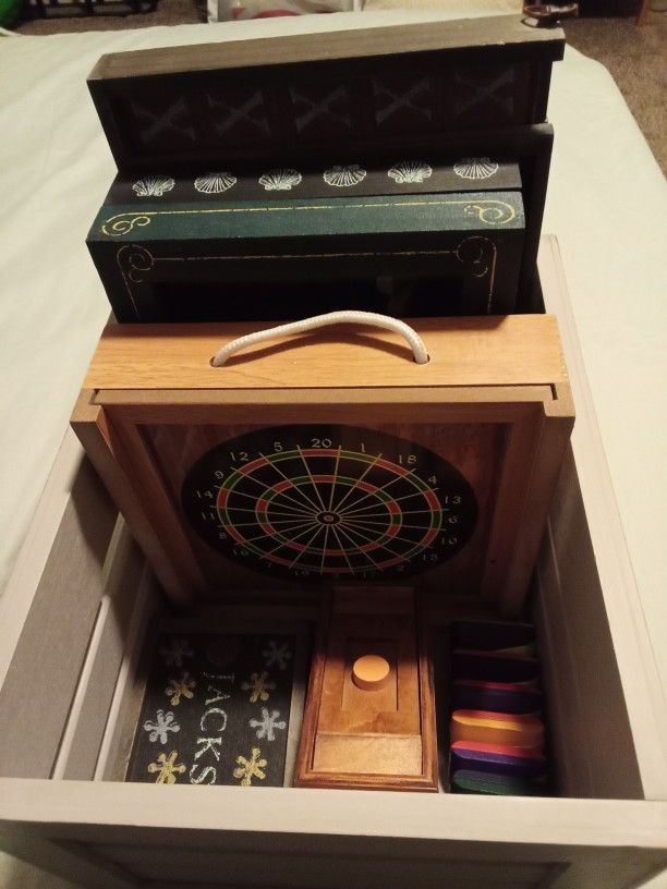 Box Of 6 Classic Wooden Games (Melissa & Doug Tic Tac Toe/Shut the Box/Jacks, Magnetic Darts, Jacob's Ladder, Puzzle Box)
