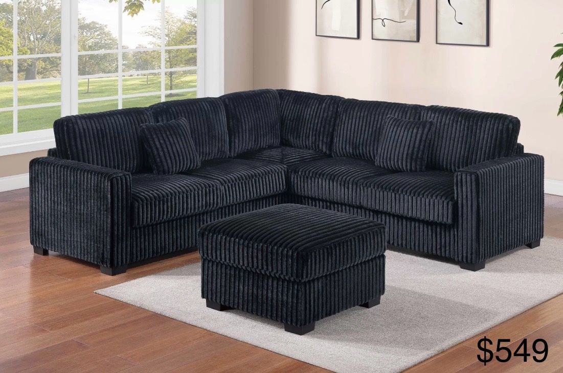 Black Corduroy Sectional Sofa With Ottoman 