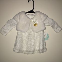 nannette baby ivory dress and faux fur shawl 6-9m