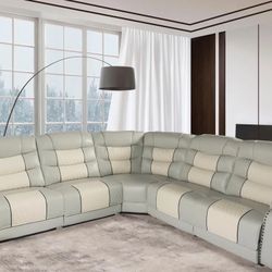 Power 3PC Gray/Cream Leather Recliner Sectional 