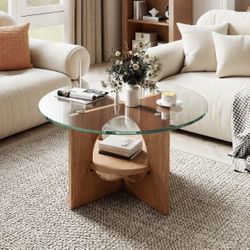 Round Glass Top Coffee Table with Wood Base