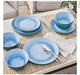 Blue Reactive Glaze Plastic Dinnerware Set BHG 12PC MEL DINNERWARE SET BLUE REACTIVE 4pcs Dinner Plates 4pcs Salad Plates 4pcs Cereal Bowls