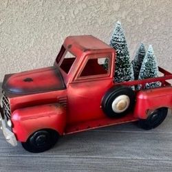 Vintage Metal RED Pickup Truck w/3 Bottlebrush Trees Valerie Parr Hill 18” QVC