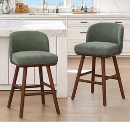 Set Of 2 LUE BONA Bar Stools Set of 2, 27.6" Wooden Legs, Fabric in Sage Green