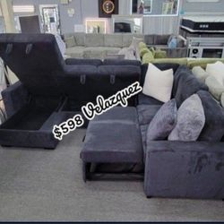 ✅️✅️4 pc Black corduroy fabric sectional sofa with storage chaise and love seat and pop up sleep area in center USB charging✅️✅️