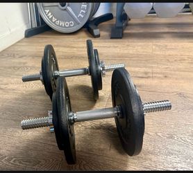 Set Of Cast Iron Standard (1.2 Inch) Dumbbells With 4 Weight Plates Of 10,  And 4 Of 5  Pounds.