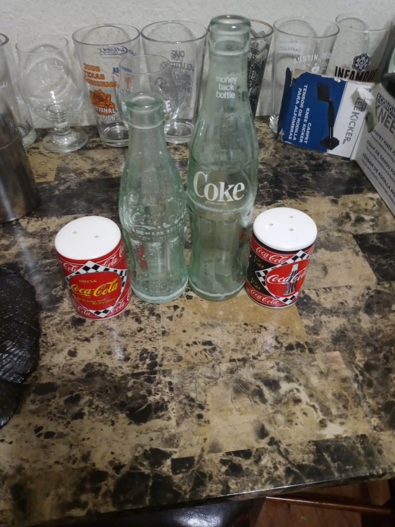 2 Antique Coca Cola Bottles From The 30s And Salt and Pepper shakers from1995