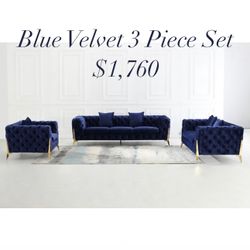 Stunning 3 Piece Living Room Set Sofa Loveseat Chair In Blue Velvet With Gold Legs Brand New In Box Firm Price $1,760
