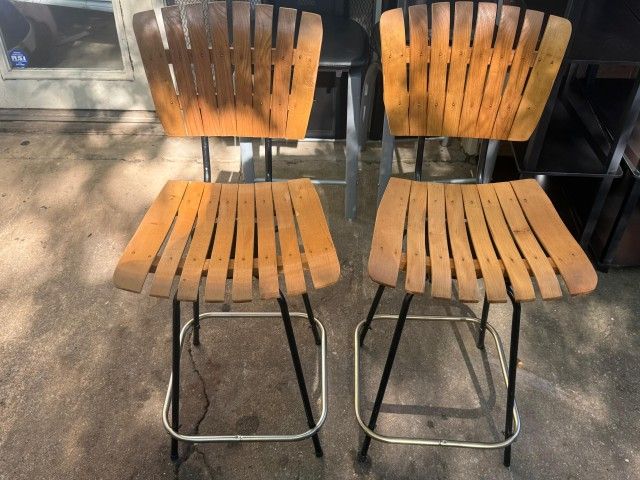 Vintage Arthur Umanoff Mid-Century Wood and Metal Slat Swivel Bar Stools MCM