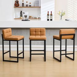 Set of 3, Upholstered PU Leather Counter Height Barstools with Low Back and Thickened Metal Legs, Modern Island Chairs for Kitchen Island (Caramel Bro