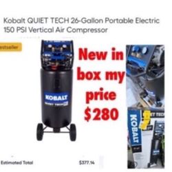Brand new in  box Kobalt QUIET TECH 26-Gallon Portable Electric 150 PSI Vertical Air Compressor $280 firm don’t ask nothing lower cash only East Palmd
