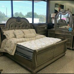 Cavalier Silver Sleigh Bedroom Set ✔ Queen And King Bed 3009