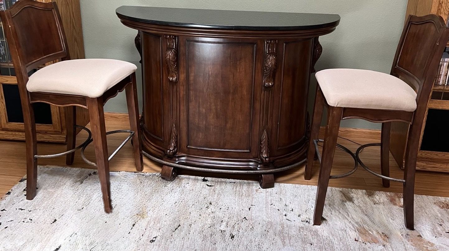 Bourbon Street Granite Top Home Bar + 2 Bar Stools – Excellent Condition