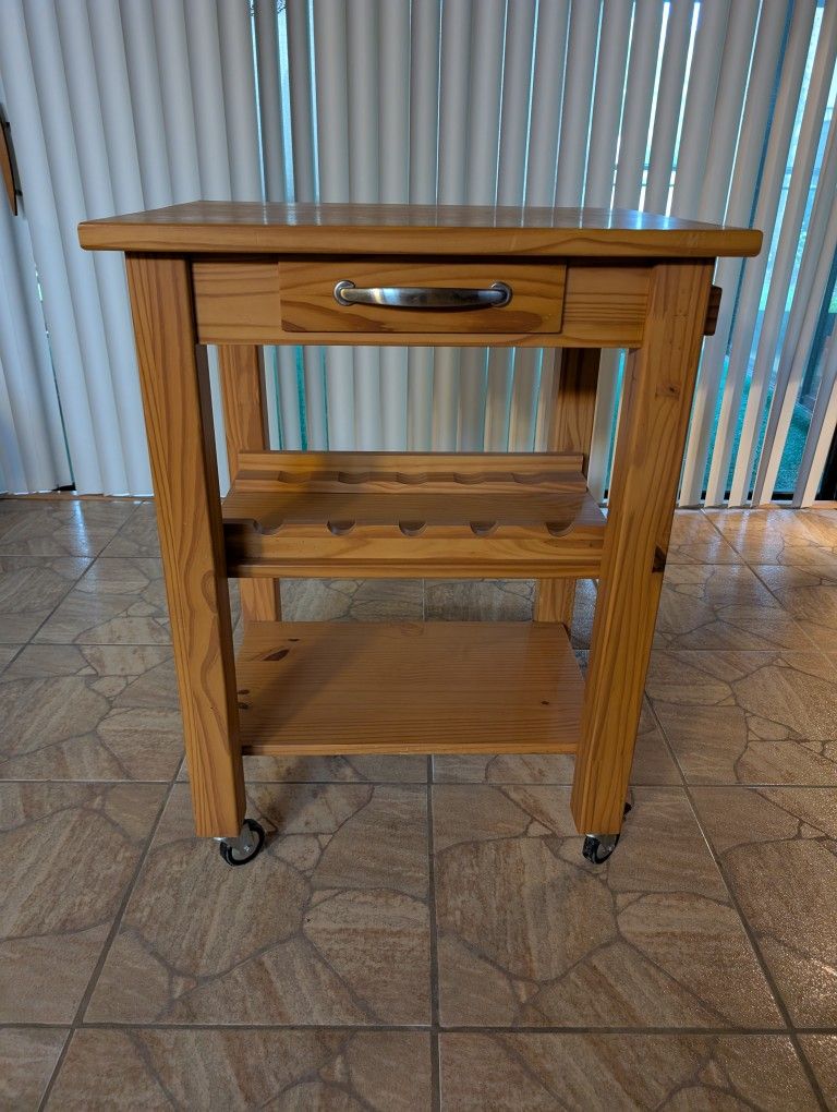 🍷 Rolling Pine Kitchen Cart with Drawer & Wine Rack
