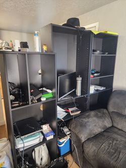 Two tall shelves and small entertainment center