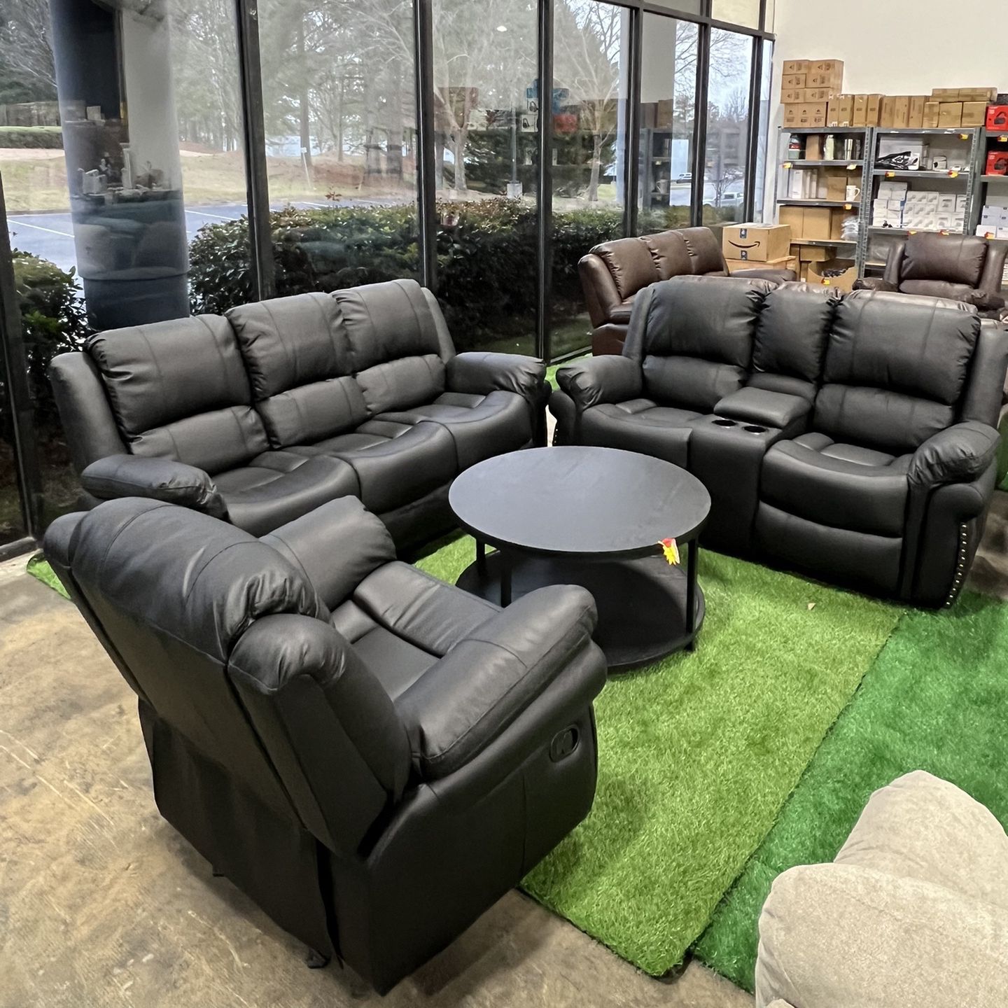 Recliner Black Leather 3pcs Sofa Set / Juego de sofás reclinables de cuero negro de 3 piezas