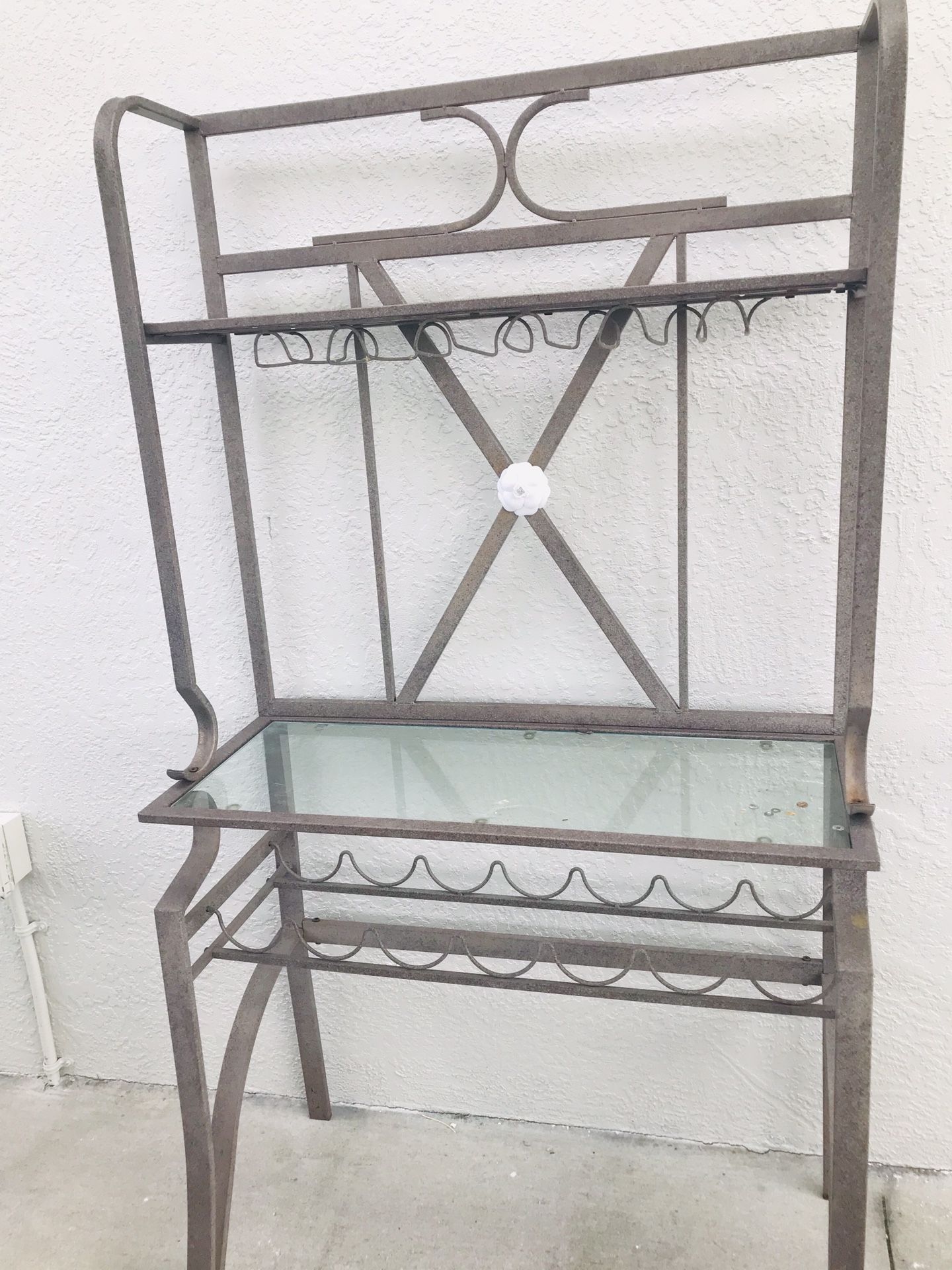 Bronze Hammertone Bakers Rack. Features A Wine Rack Underneath And Wine Glass Rack On Top