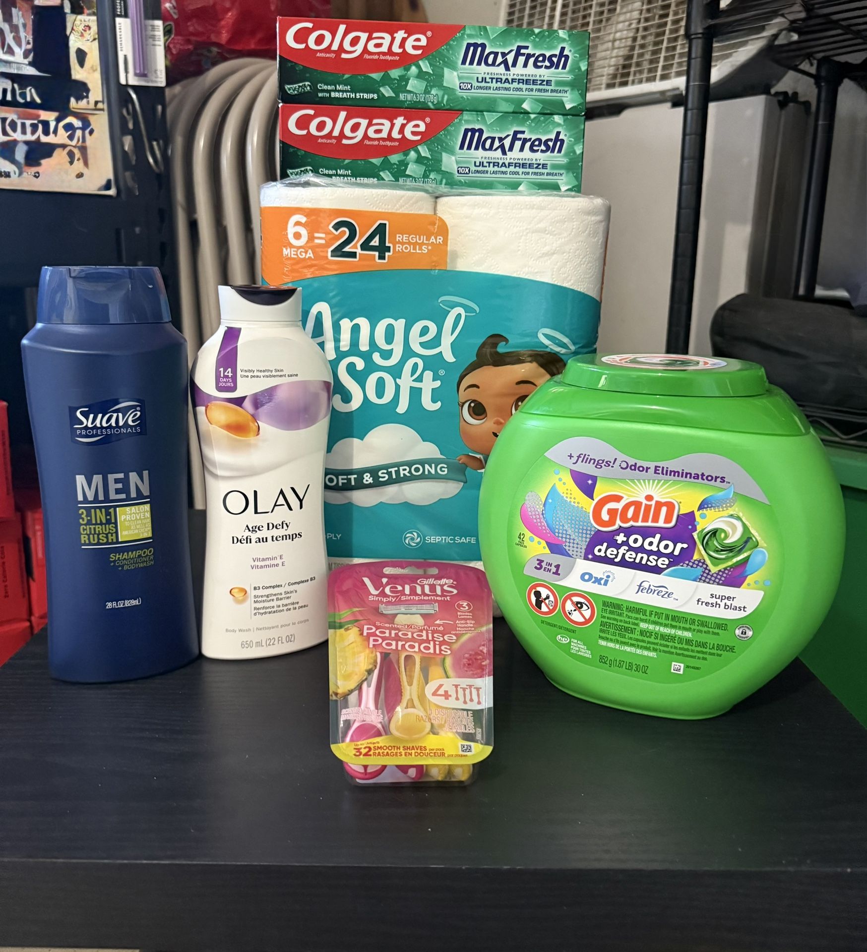 Household bundle: Angel soft, Colgate, Olay, Suave, Venus, & Gain