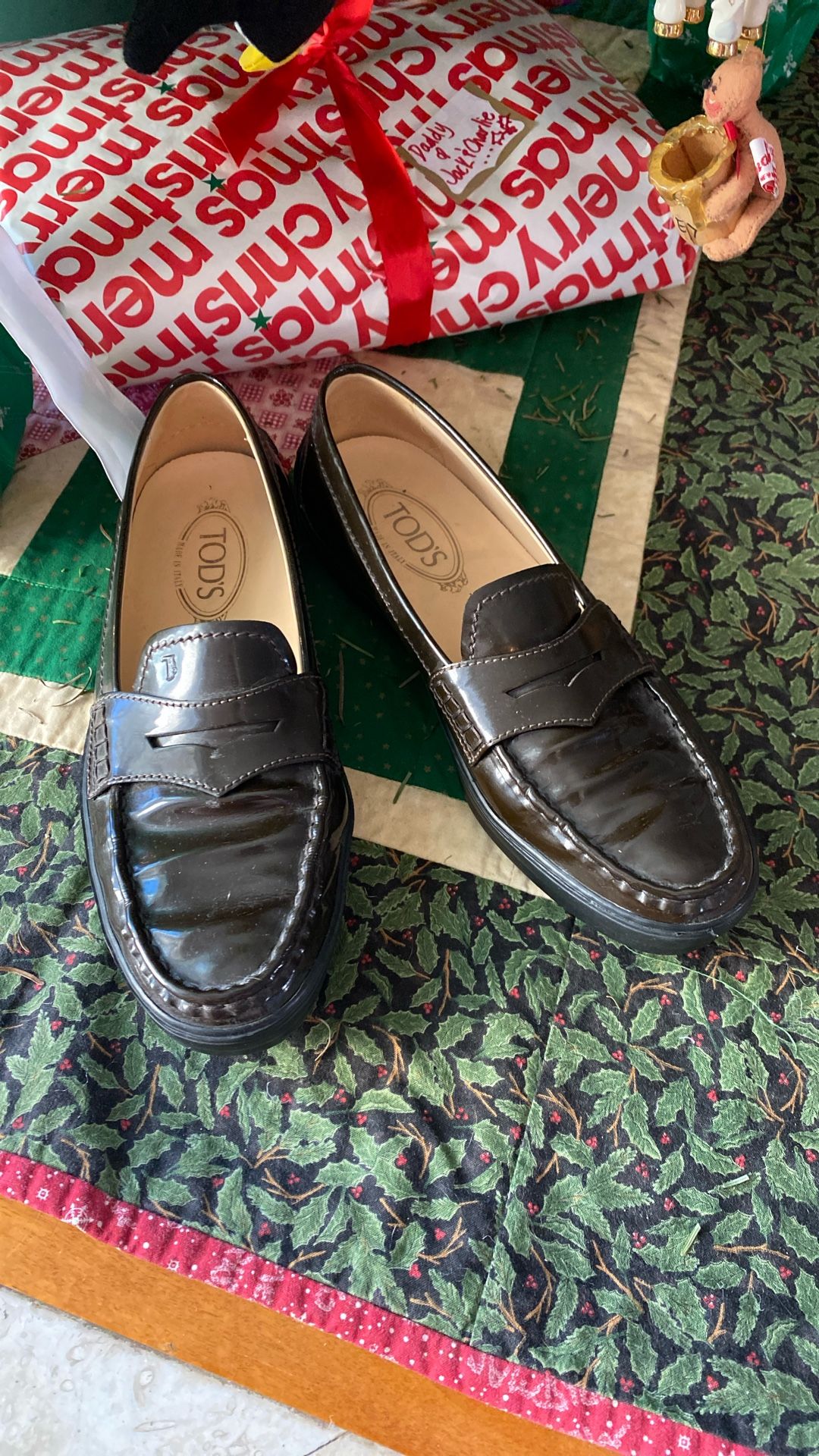 Dark brown patent leather Gommini loafers sz 9.5