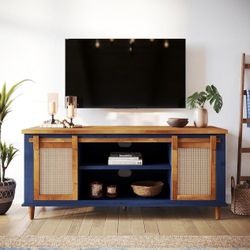 Bme Premium Arvid TV Console Table, Pre-Assembled Entertainment Center for up to 70 inch TV, Solid Wood TV Table with Rattan Sliding Doors, Media Cons